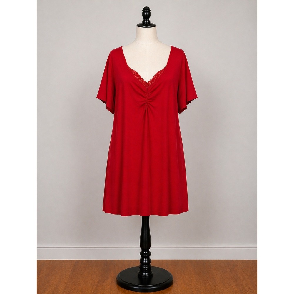 Curvy Sense Red T Shirt Dress 2X Lace Trim V Neck Flowy Mini Plus Size Soft Glam